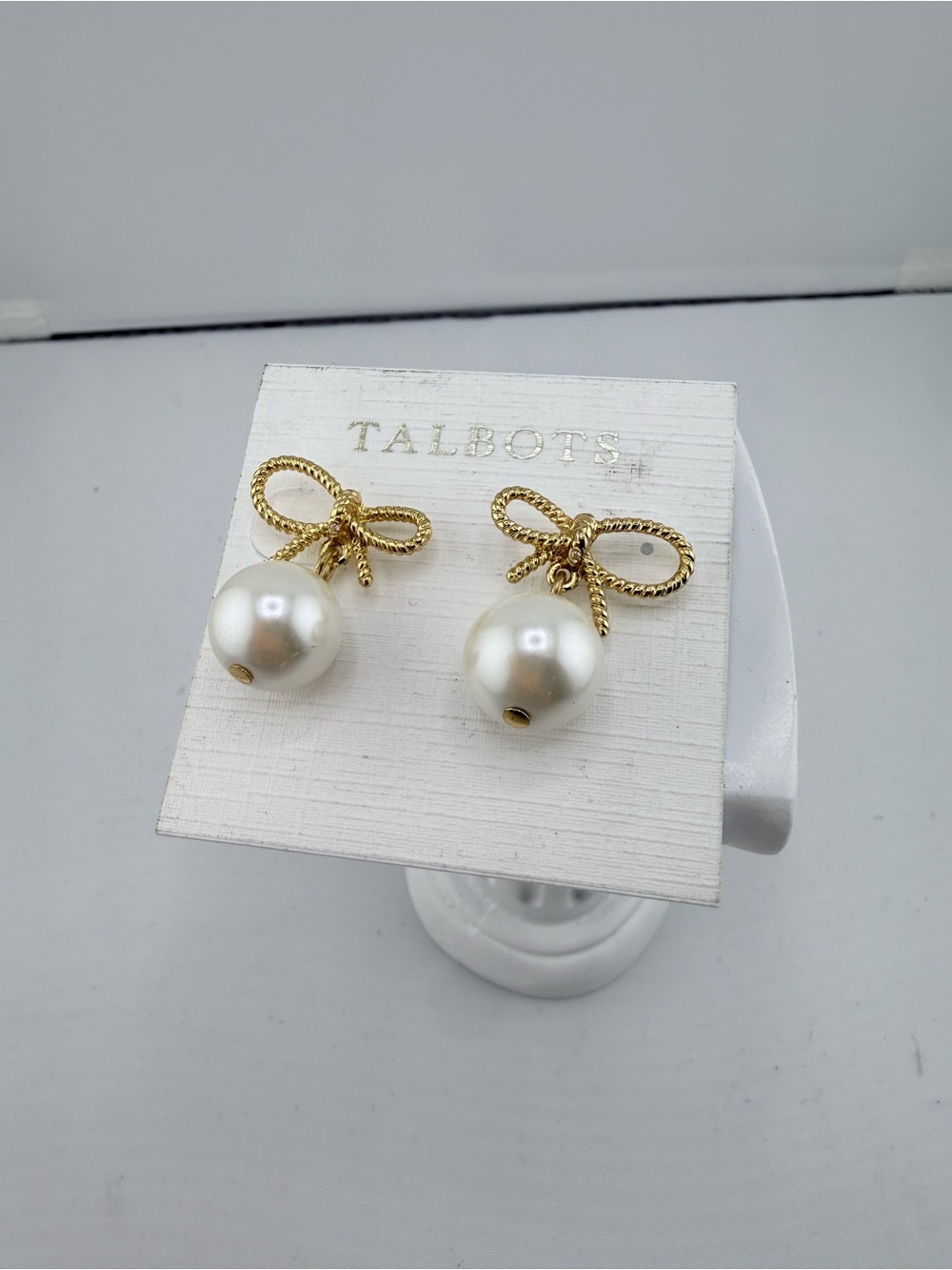 Talbots Gold Bow Earrings with Ivory Pearl Drops